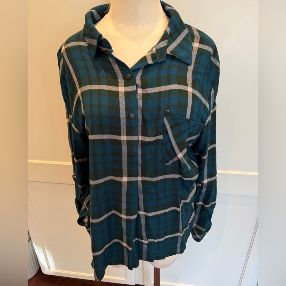 Santcuary Teal and Gray Plaid Button-Up Shirt